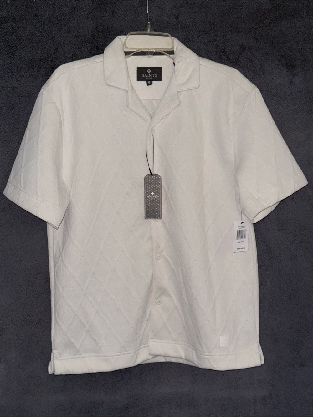 NWT Saints Studio Men's Ecru Short Sleeve Diamond Quilted Shirt Size Small